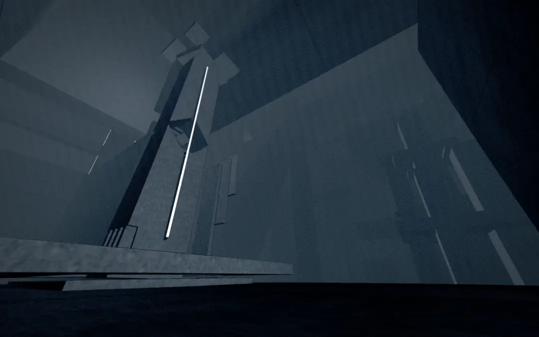 In-game screenshot: a brutalist concrete tower with a thin glowing white line, seen from below through blue fog