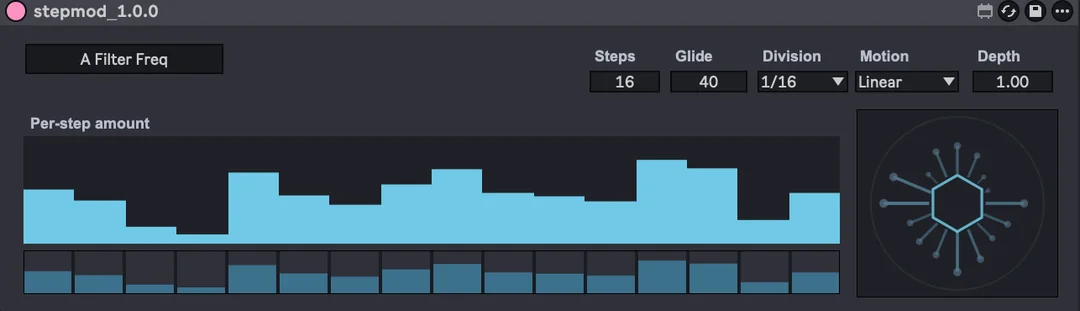 Step Mode device in Ableton Live: a 16-step bar graph of per-step modulation amounts mapped to A Filter Freq, with Steps, Glide, Division, Motion and Depth controls